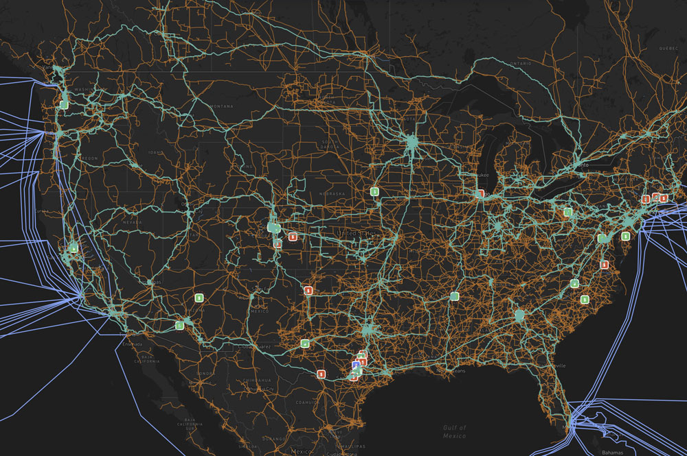 National view of fiber routes, backbone, and subsea cables