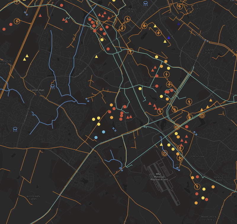 Local view of substations, transmission, water, and site-level infrastructure